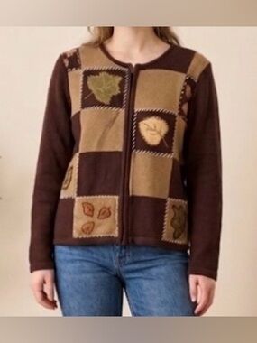 Joan Leslie VTG Petite Leaf Patchwork Zip-Up Cardigan Sweater, Ramie Cotton, Med